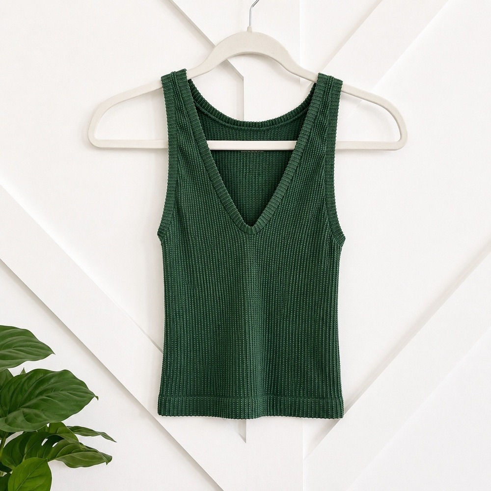 Free People Tank Top Womens XS/S Green Intimately V-Neck Waffle Knit Ribbed